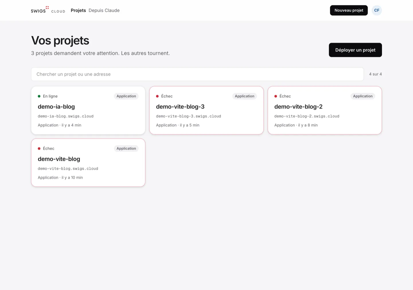 Tableau de bord Swigs Cloud affichant quatre projets : un en ligne et trois en échec